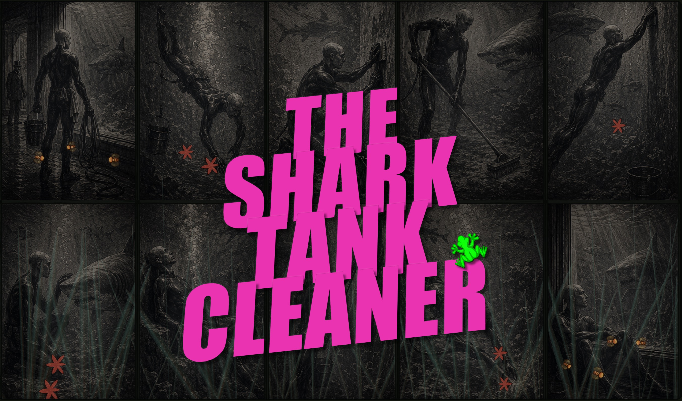 the shark tank cleaner in pink lettering over a collage of divers and sharks, a green frog, and red starfish.